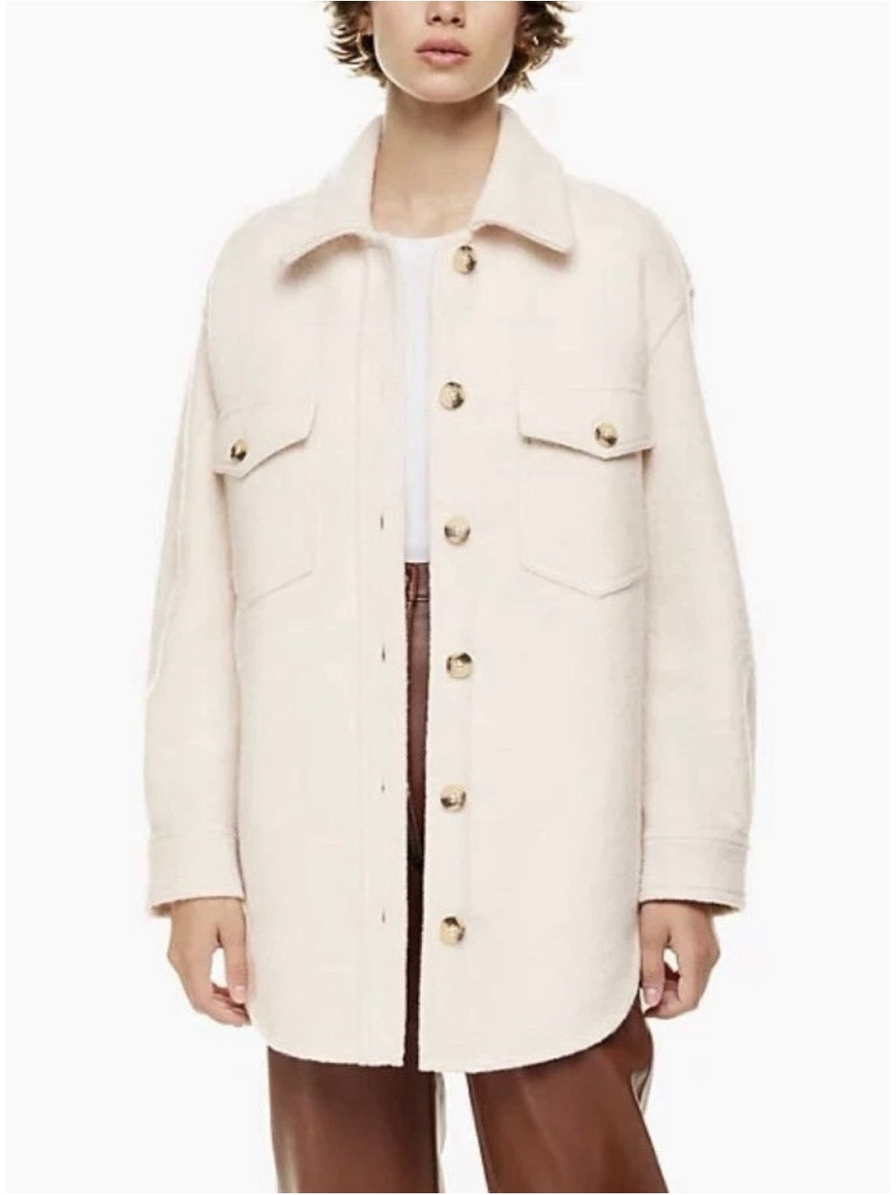 Aritzia Wilfred Free Ganna Shirt Jacket 100% Merino Wool Size S Heather Bone